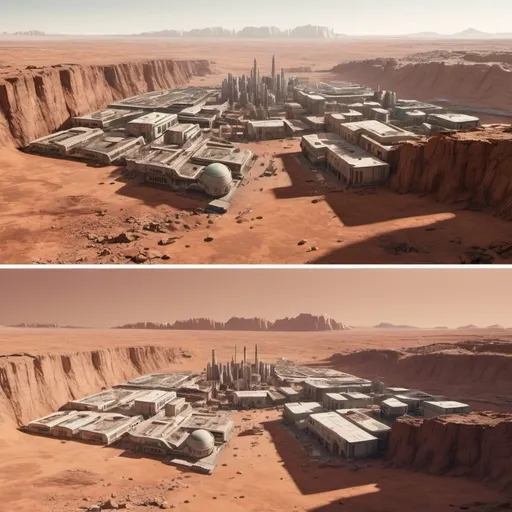 Prompt: an inhabited large town on Io in the year 2060 Vs an inhabited large town on Mars in the year 2095