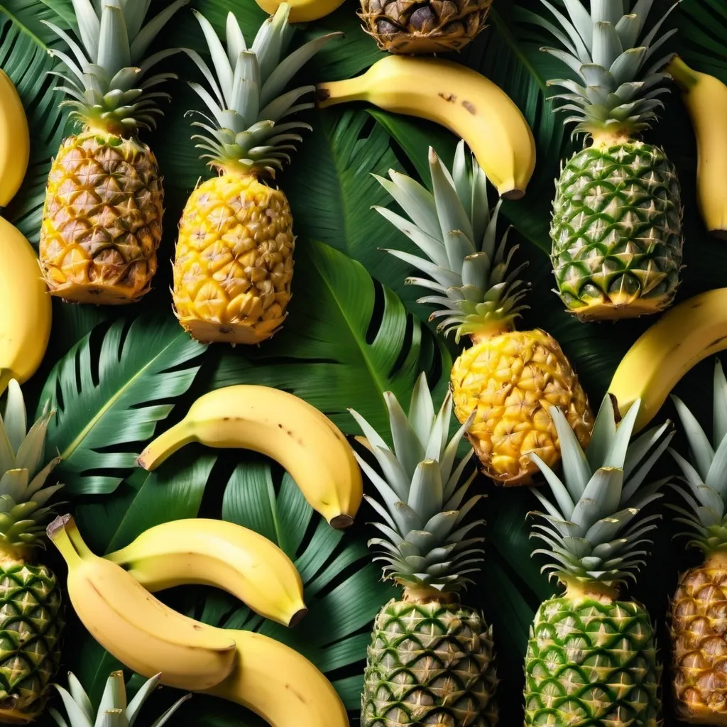 Prompt: Create a hyper-realistic horizontal view 1920x1080 of a lush tropical scene featuring perfectly ripe pineapples and realistic bananas. The background should be filled with lush green foliage & picture Java