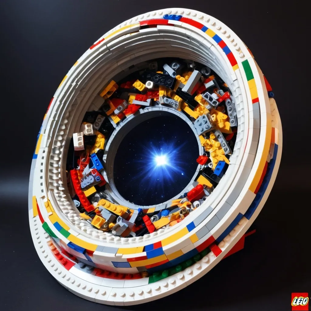 Prompt: Lego Ayam space, construction spacetime wormhole.