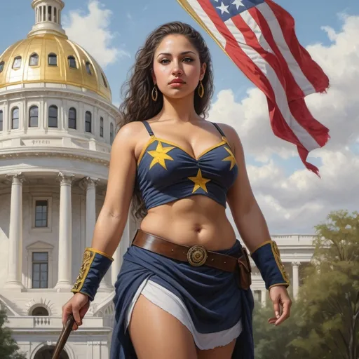 Prompt: full body portrait of Latina goddess with light skin, fit and thick figure, Liberland, realistic painting, soft natural lighting, high quality, realistic, detailed, civil war, military clothes, flag bearer, Flag over capitol, War, 