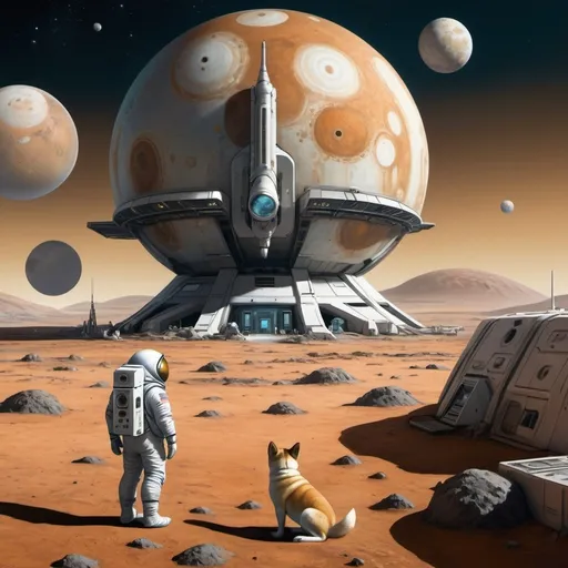 Prompt: Create an image of a futuristic colony on Io, one of the moons of Jupiter, in high detail but depicted in oil paints. The scene should include a large, multi-level structure with intricate details and including a space helipad with landing shuttle crafts, similar to a space station. An astronaut in a modern spacesuit should be in the foreground, observing the colony. Also in the near FOReGROUND A SHIBA INU DOG WEARS A SPACEsuit. The background should feature Mars itself looming large in the sky. The lighting should mimic that of a sun rising over Jupiter as seen from its moon.