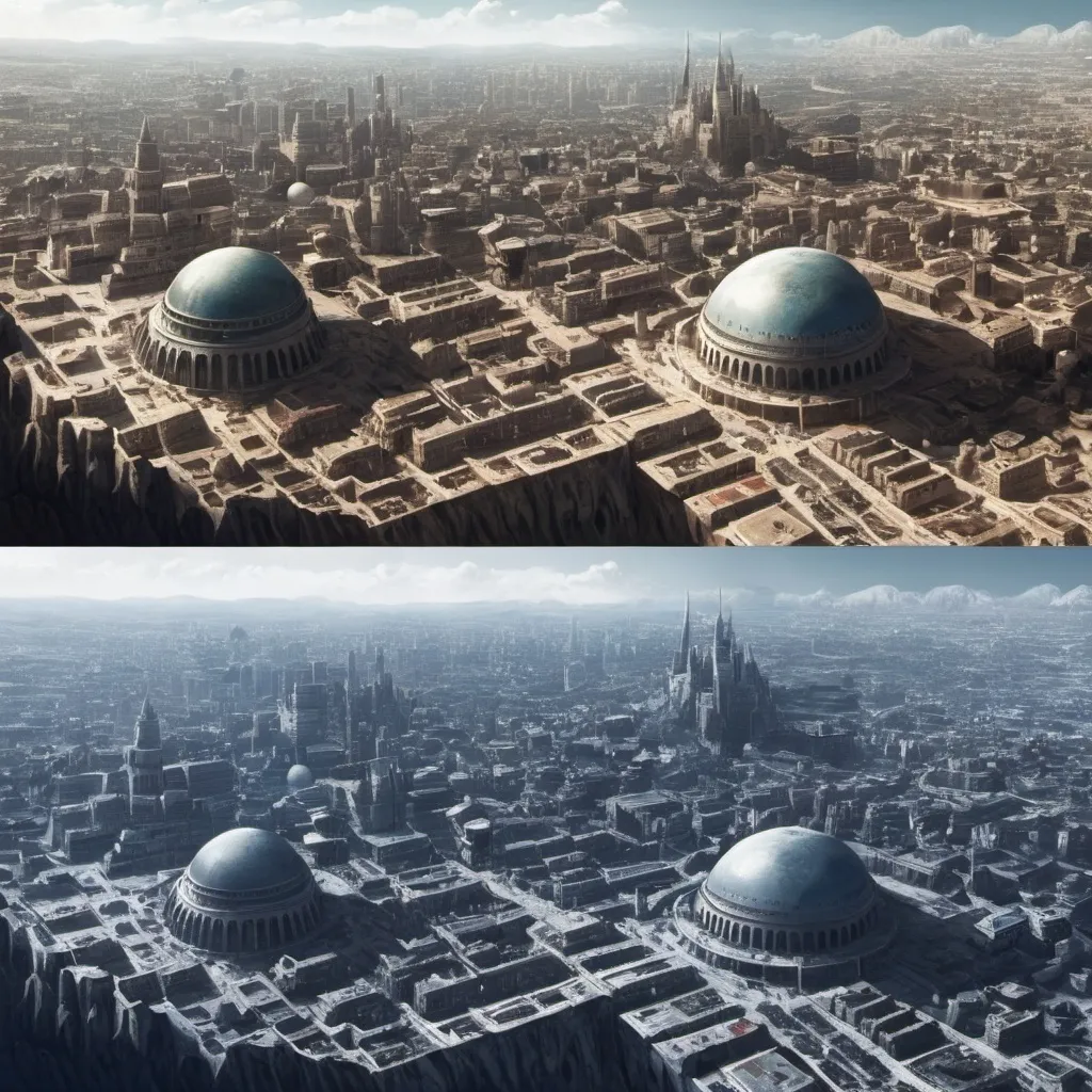 Prompt: A city on the Ganimede holding 260 people.  It has several levels and domes.  vs A city on the moon holding 1000 people.  It has several levels and domes.  