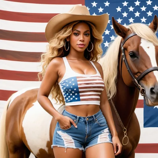 Prompt: Create a ink painting of a Beyonce AI wearing a brown cowboy hat,  jean shorts with holes, big hoop earrings, blonde hair with big waves, brown eyes, white short, riding a brown horse, with an American flag background. And countryhumans American flag