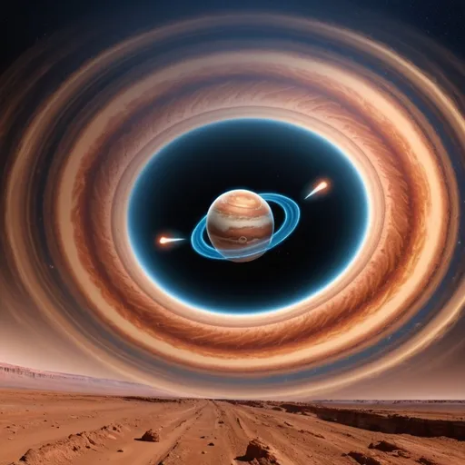 Prompt: Please create a sci-fi looking picture showing a spacetime wormhole going between earth, Mars and Jupiter.
