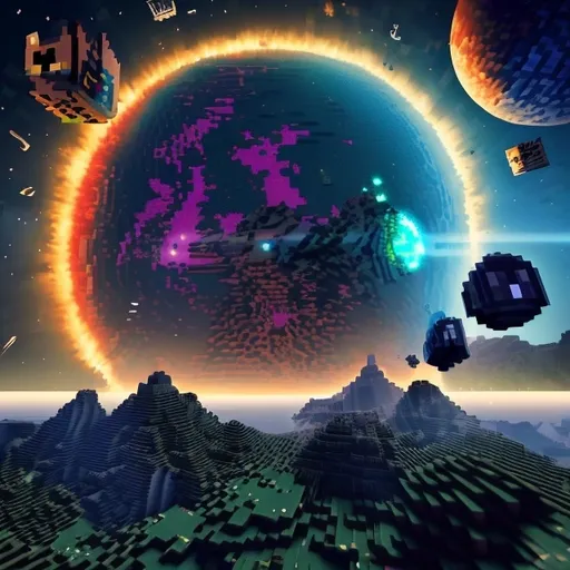 Prompt: (Minecraft style), War of Jupiter theme, realistic spacecraft (orbiting Jupiter), dynamic battle scene, vibrant cosmic colors, detailed blocky textures, dramatic lighting, space warfare elements, large looming Jupiter with its swirling storms in the background, bright stars scattered in the vast cosmos, highly detailed terrain, engaging visuals, (HD), immersive atmosphere, action-packed depiction.