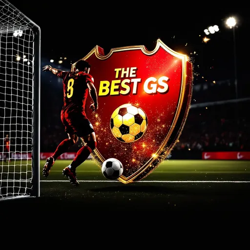 Prompt: a football team that the text says the best gs a red logo of the football team with a person trying to score a goal on a football pitch with a bright gold trothiy
