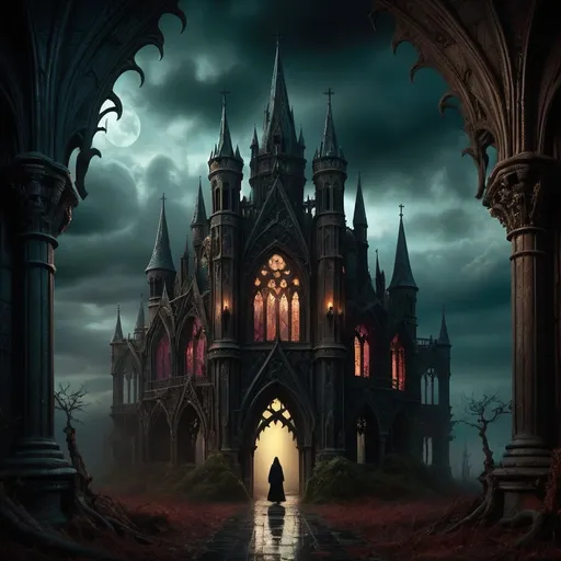 Prompt: (fantasy scene) dark color scheme, gloomy atmosphere, surreal elements, mystical surroundings, shadows and light interplay, (symbolic imagery) representing the struggle and faith, haunting vistas, elaborate gothic architecture, vivid details in textures, crown of life depicted as glowing, feeling of impending trials, ultra-detailed, high quality, enchanted yet intense vibe.