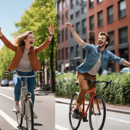 Prompt:  A dynamic series of images showing a couple cycling on a vibrant, urban bike path. The first image shows them riding side-by-side, laughing, and pointing at something off-camera. The second captures them stopping at a street-side café, with their bikes parked nearby. The final image is a close-up of their hands high-fiving with their bikes in the background, set against a colorful sunset sky.
