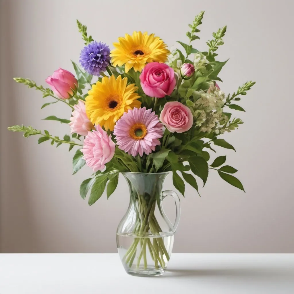 Prompt: Vase of flowers as a birthday greeting, photorealistc