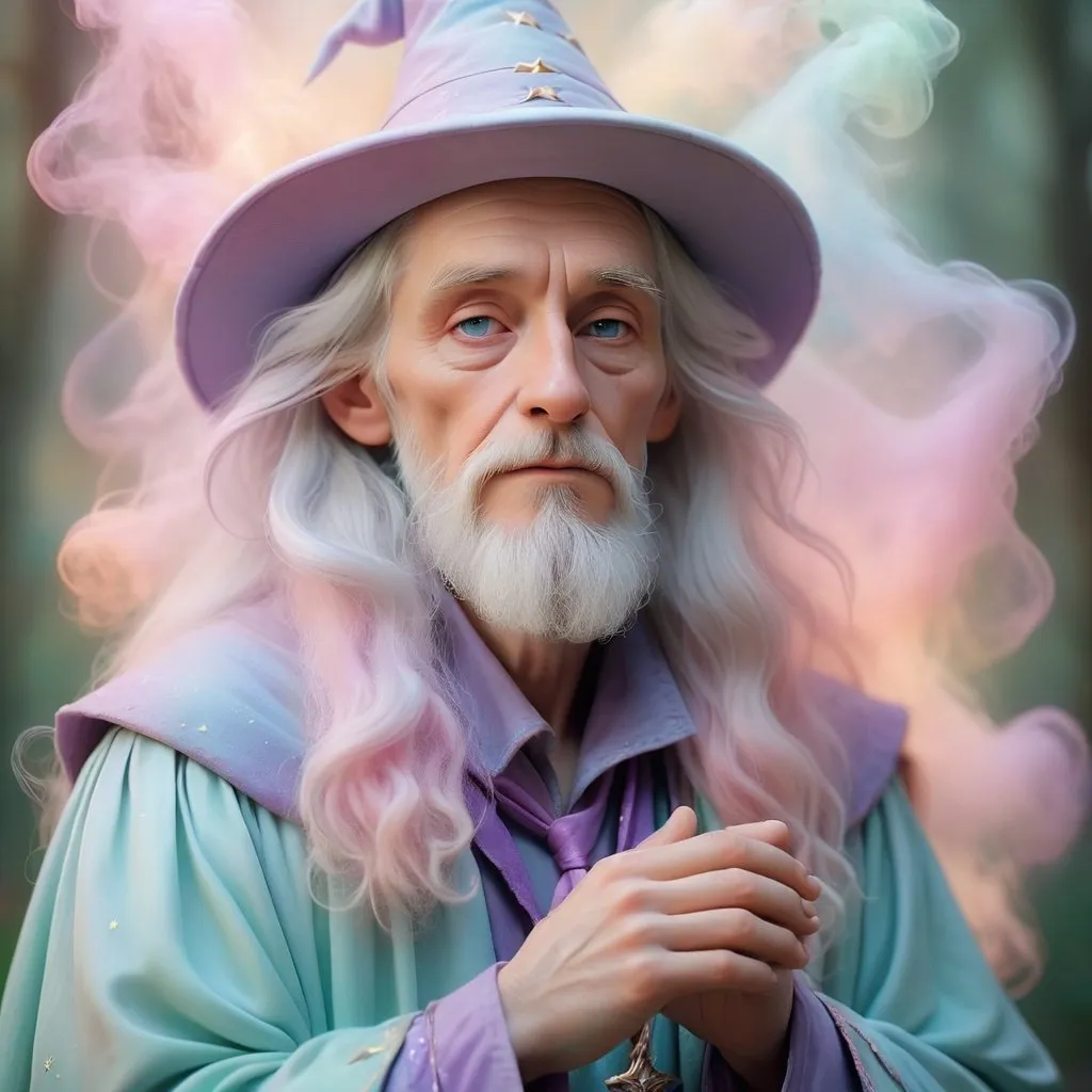 Prompt: Dreamy pastel portrait, wizard, ethereal atmosphere, soft focus