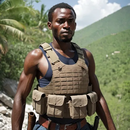 Prompt: Modern Haitian Revolutionary, wearing body armor 