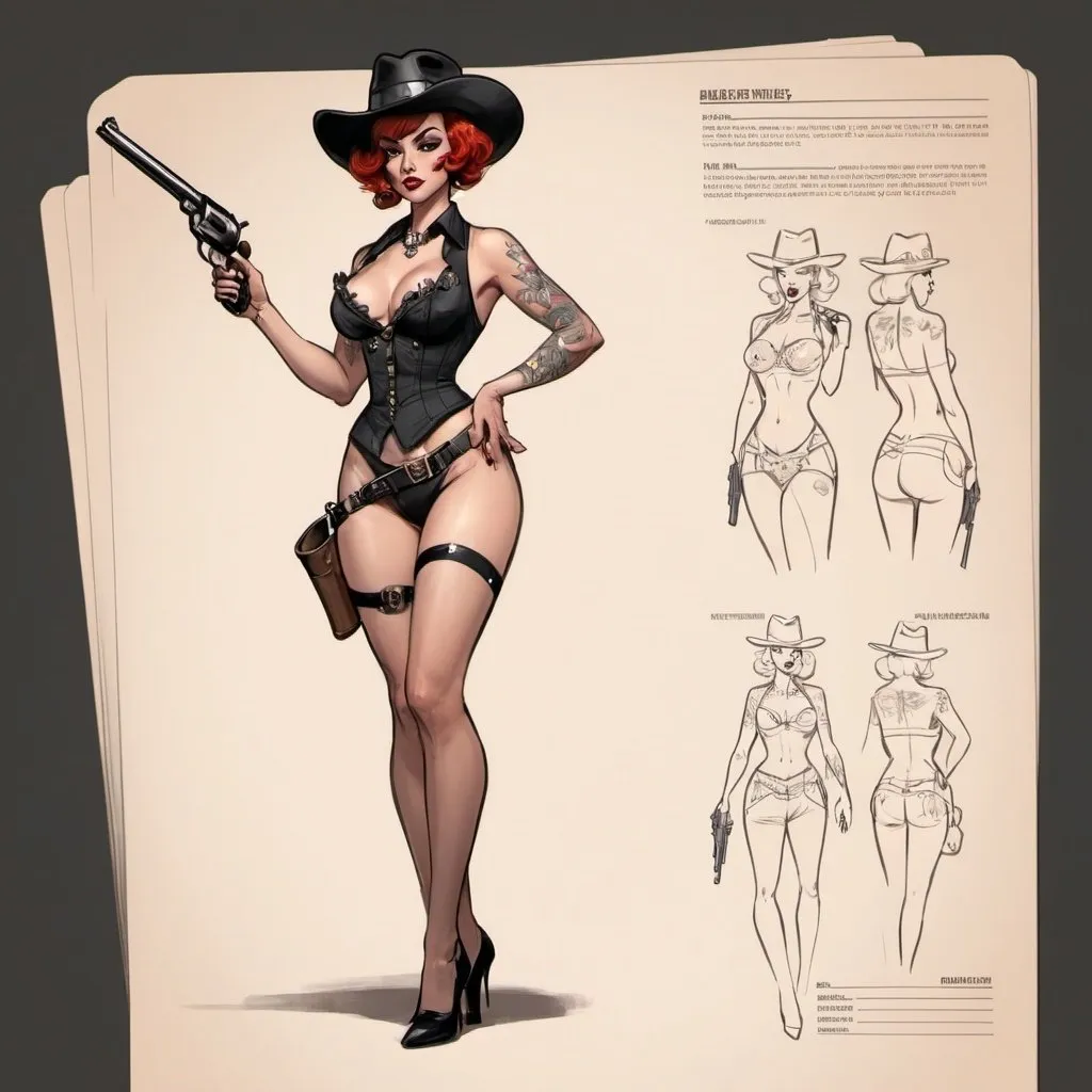 Prompt: Character design sheet A burlesque Woman holding a revolver