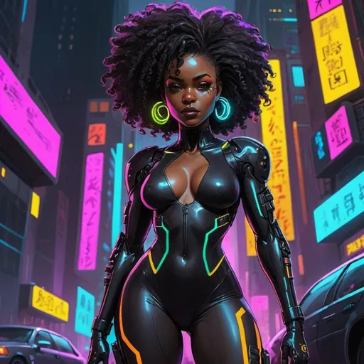 Prompt: A detailed black woman, special agent, short tight Afro, full body, body suit, cyberpunk, bright colors, cartoon, concept art, elegant pose, bold black lines, neon city
