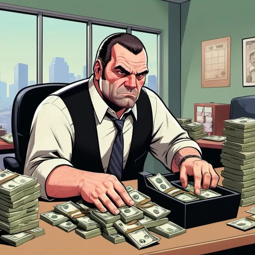 Prompt: GTA V cover art, a burly man, counting money at a grungy office desk cartoon illustration