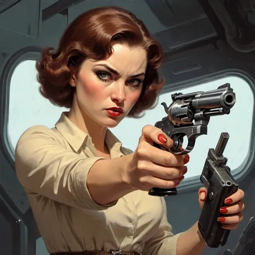 Prompt: woman loading a revolver, science-fiction, pulp style