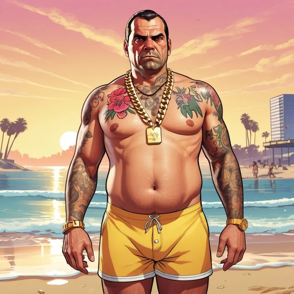 Prompt: GTA V cover art, a burley man in swim trunks, wearing a gold chain on the beach at sunset, cartoon illustration