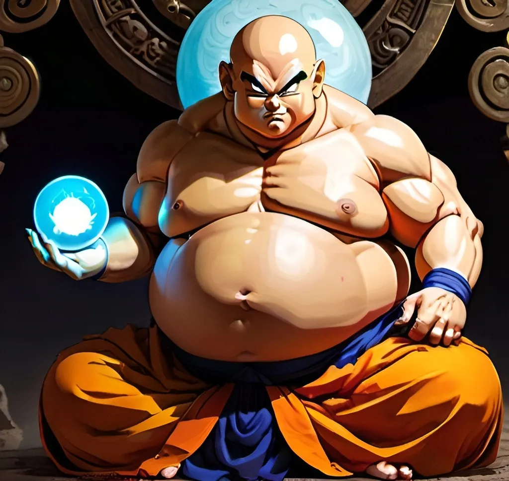 Prompt: Dragon Ball Z fantasy art fat Buddhist, holding a energy orb, bald, bright warm colors