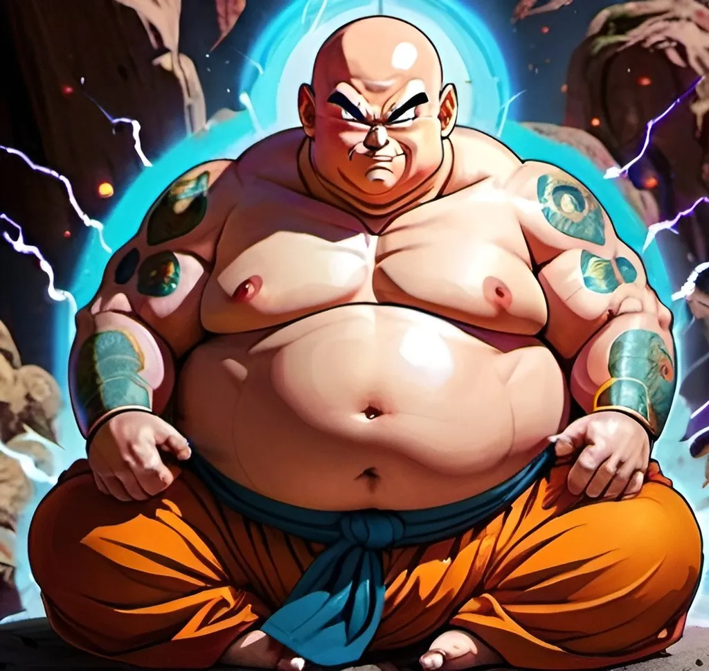 Prompt: Dragon Ball Z fantasy art fat Buddhist, power charging up, bald, bright warm colors
