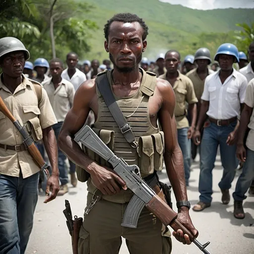 Prompt: Modern Haitian Revolutionary, wearing body armor, and a machete