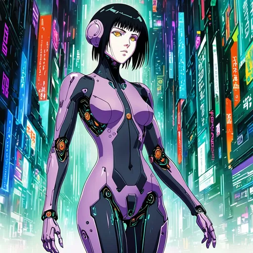 Prompt: cybernetic Anime woman in fitted body suit, ghost in the shell reference art, vibrant colors