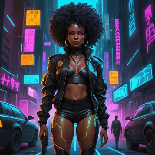 Prompt: A detailed black woman, special agent, short tight afro, full body, cyberpunk, bright colors, cartoon, concept art, elegant pose, bold black lines, neon city
