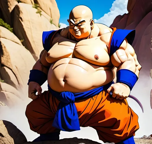 Prompt: Dragon Ball Z fantasy art fat Buddhist, powering up, bright warm colors