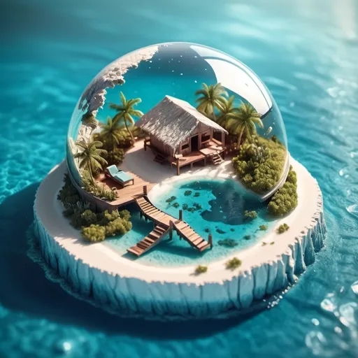 Prompt: miniature isometric world render, a hut surrounded by clear water, bahamas, surrounded by more worlds, on a table