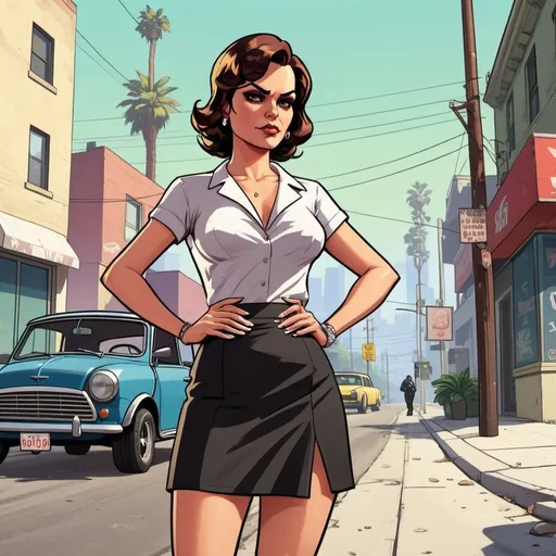 Prompt: GTA V cover art, A elegant woman in a mini skirt, holding a cigarette, on the corner of the street cartoon illustration