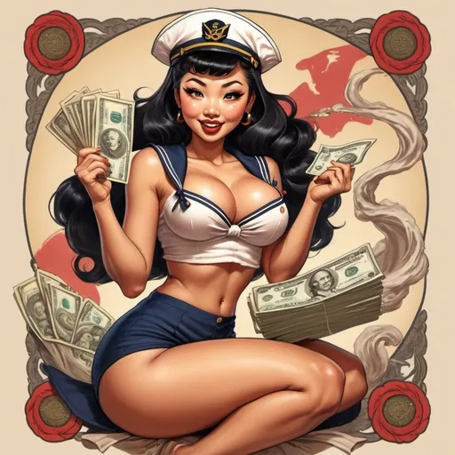 Prompt: A burly black sailor, humping A beautiful Asian, Pin-up Vixen holding money, Gorgeous bimbo, cartoon art, warm colors, sailor Jerry tattoo