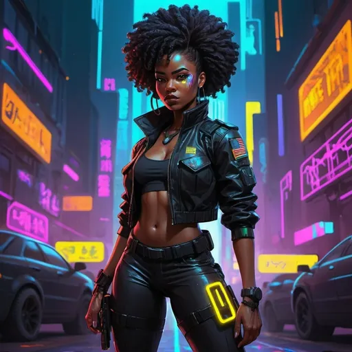 Prompt: A detailed black woman, special agent, short tight afro, full body, cyberpunk, bright colors, cartoon, concept art, battle pose, bold black lines, neon city