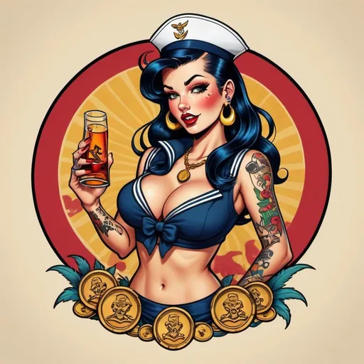 Prompt: A sailors plunder, Booze and tantalizing vixens, with gold coins, sailor Jerry tattoo, bold lines, Vibrant colors, cartoon art