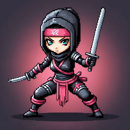 Prompt: A mini lusty, cyber lady ninja, in a battle stance, Pixel art, 