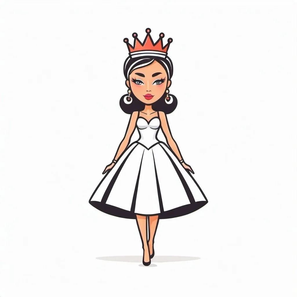 Prompt: Stylized cartoon runway queen, vector flat logo, simple lines, cute cartoon illustration, white backdrop