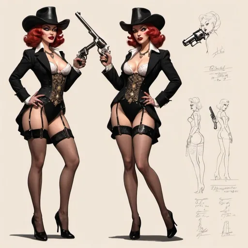 Prompt: Character design sheet A burlesque Woman holding a revolver