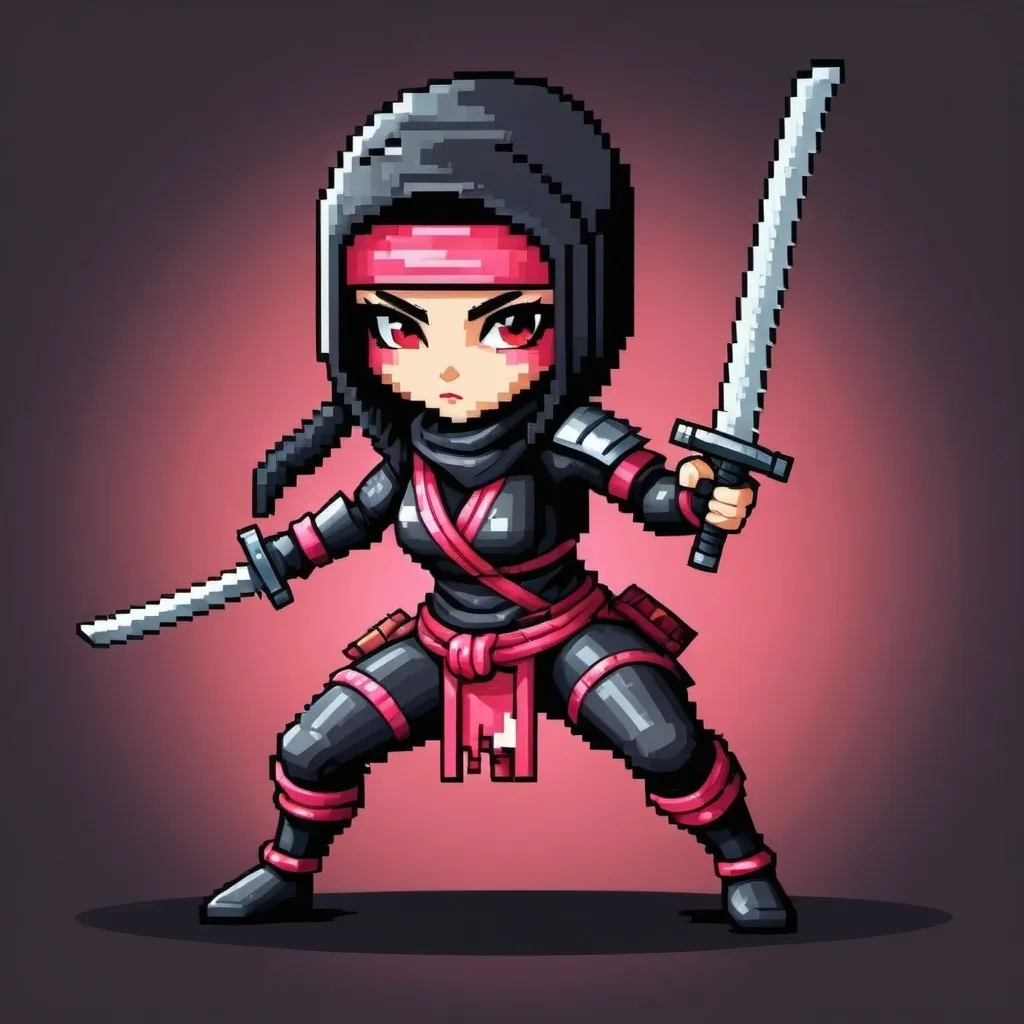 Prompt: A mini lusty, cyber lady ninja, in a battle stance, Pixel art, 