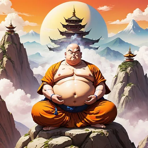 Prompt: Dragon Ball Z fantasy art fat Buddhist, meditating on a high mountain, bright warm colors