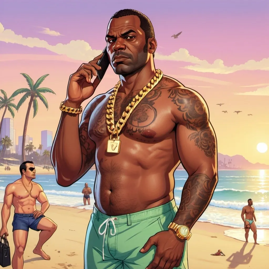 Prompt: GTA V cover art, a burly black man in swim trunks, wearing a gold chain, talking into a cellphone, on the beach at sunset, cartoon illustration