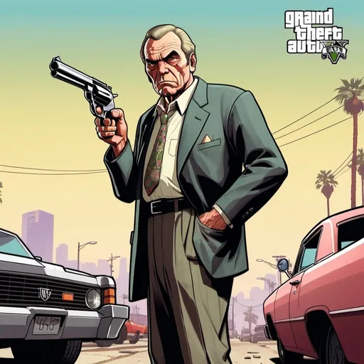 Prompt: GTA V cover art, a old man, loading a revolver, cartoon illustration