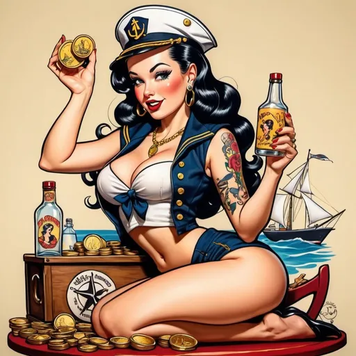 Prompt: A sailors plunder, Booze and tantalizing, pin-up vixens, with gold coins, sailor Jerry tattoo, bold lines, Vibrant colors, cartoon art