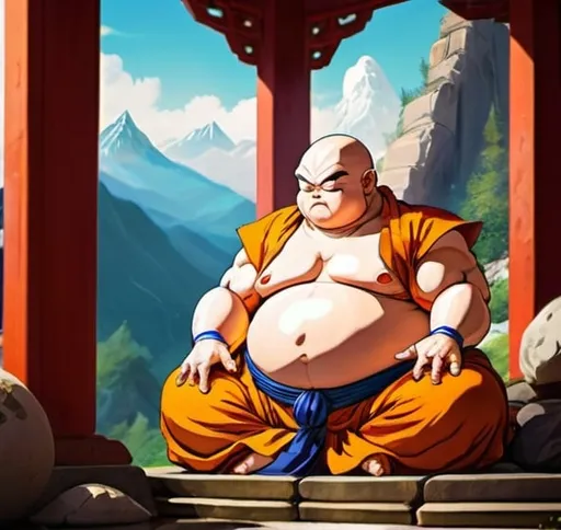 Prompt: Dragon Ball Z fantasy art fat Buddhist, meditating in a mountain temple, bright warm colors