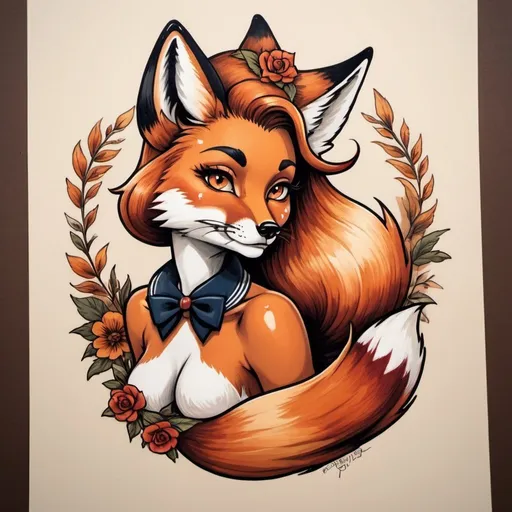 Prompt: A beautiful vixen, with fox ears, with a fox tail, Sailor Jerry art
, warm colors, bold lines