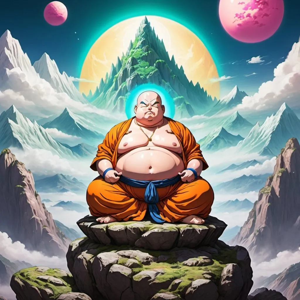 Prompt: Dragon Ball Z fantasy art fat Buddhist, meditating on a high mountain, bright luminescent colors