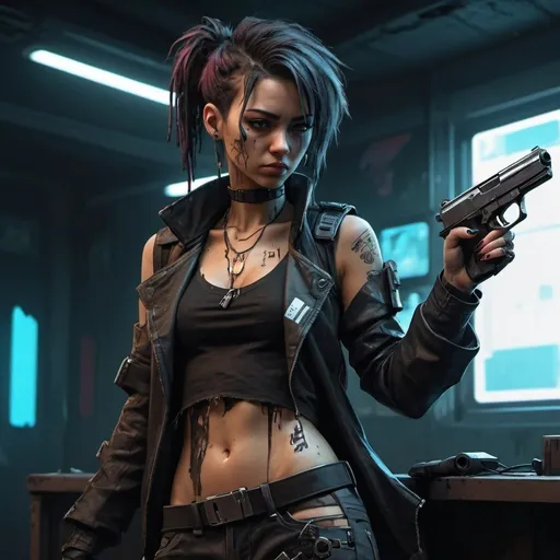 Prompt: a cyberpunk woman with tattered clothes, looking at a pistol, concept art, character design, bold black lines