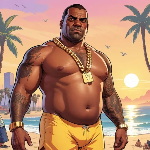 Prompt: GTA V cover art, a burly black man in swim trunks, wearing a gold chain, on the beach at sunset, cartoon illustration