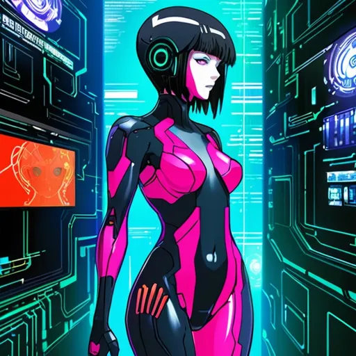 Prompt: cybernetic Anime woman in fitted body suit, ghost in the shell reference art, vibrant colors