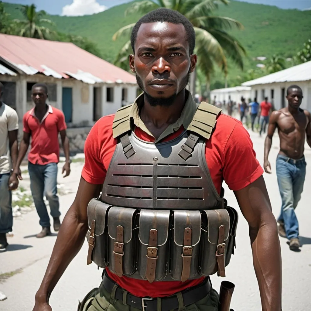 Prompt: Modern Haitian Revolutionary, wearing body armor 