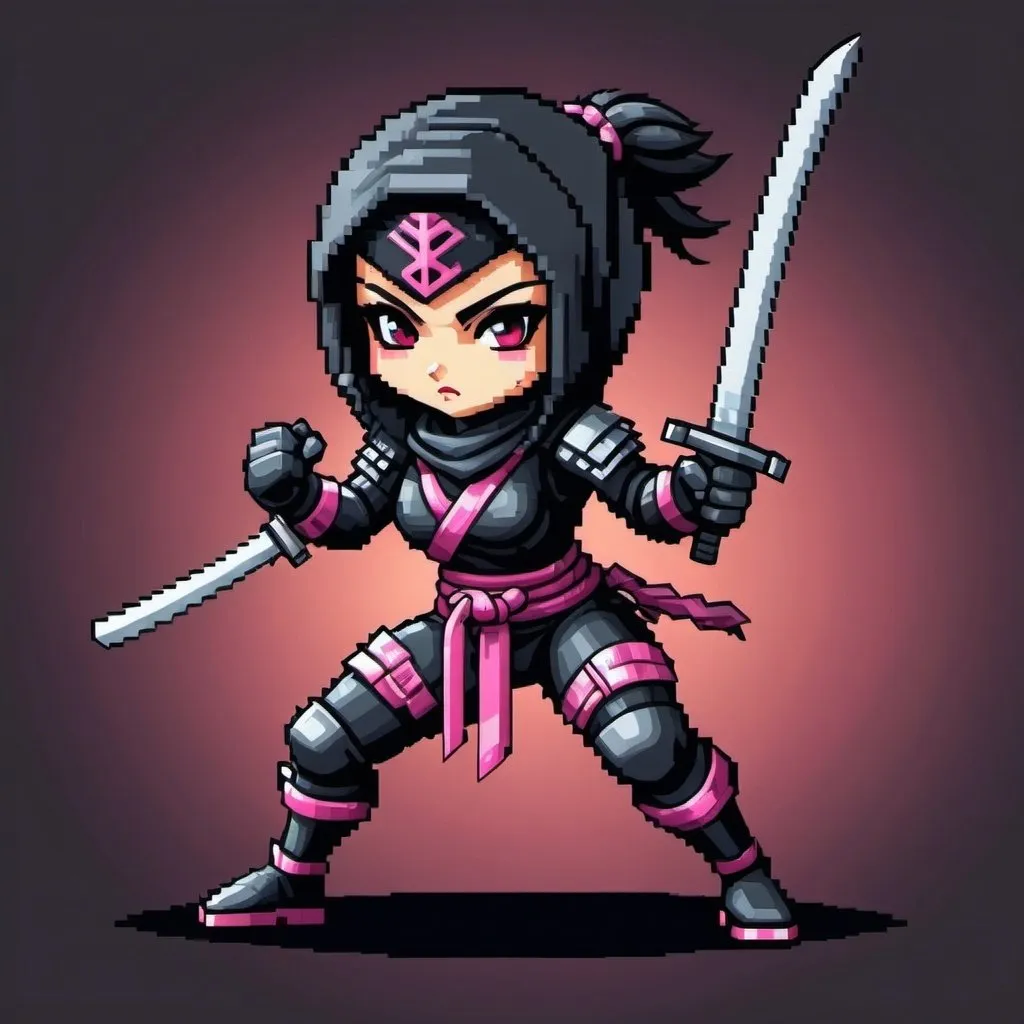 Prompt: A mini lusty, cyber lady ninja, in a battle stance, Pixel art, 