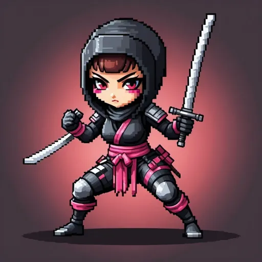 Prompt: A mini lusty, cyber lady ninja, in a battle stance, Pixel art, 