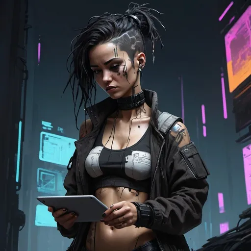 Prompt: a cyberpunk woman with tattered clothes, looking at a small tablet, concept art, character design, bold black lines