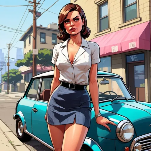 Prompt: GTA V cover art, A elegant woman in a mini skirt, on the corner of the street cartoon illustration